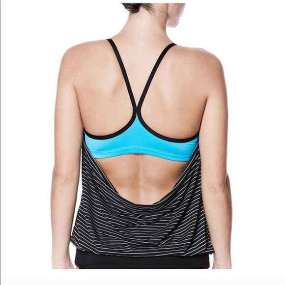 Nike Black Blue Striped Tankini Swim Top - Picture 8 of 10